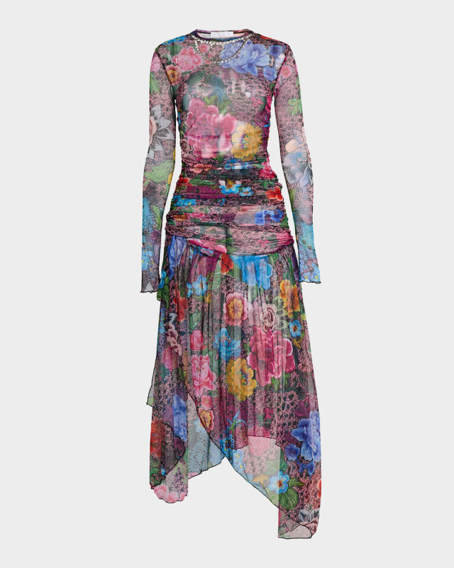 Crystal-Necklace Long-Sleeve Tulle Midi Dress